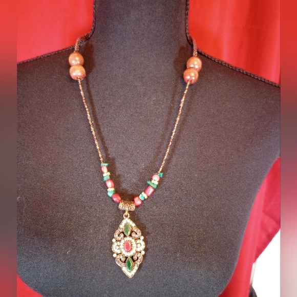 SKU 506J Handmade Pendant 26" Necklace with Wood Beads - Picture 1 of 7